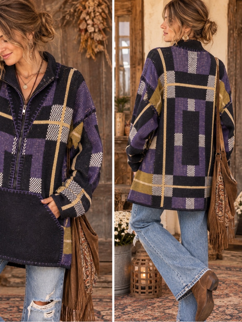 Basic Mix-4 XL Wool Blend Patchwork Sweater Hoodie Zip Pullover Purple Black